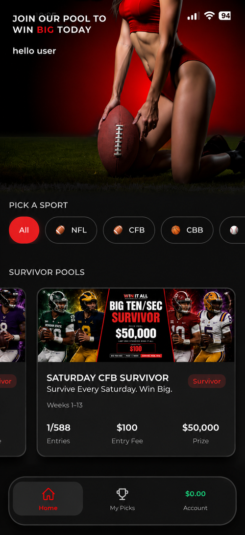 Win It All home screen with a sport picker and an open college football survivor pool
