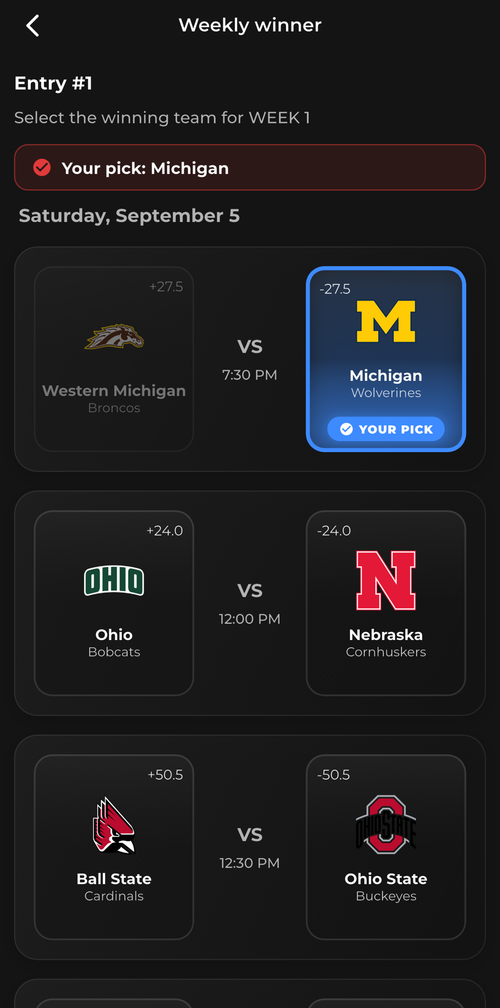 Weekly pick screen with matchups, point spreads, and your selected team