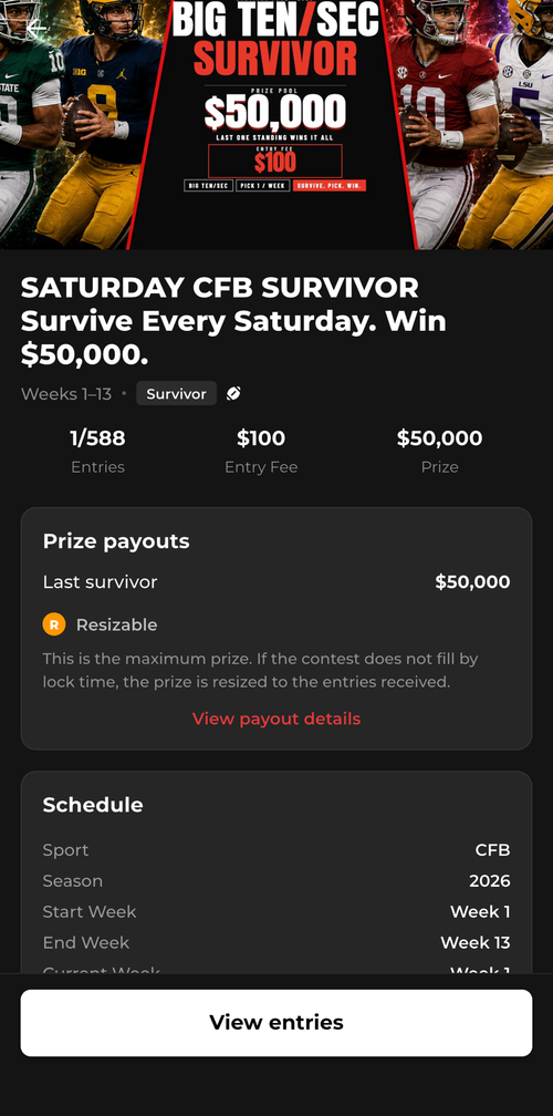 Pool detail screen showing entries, entry fee, prize, and payout details