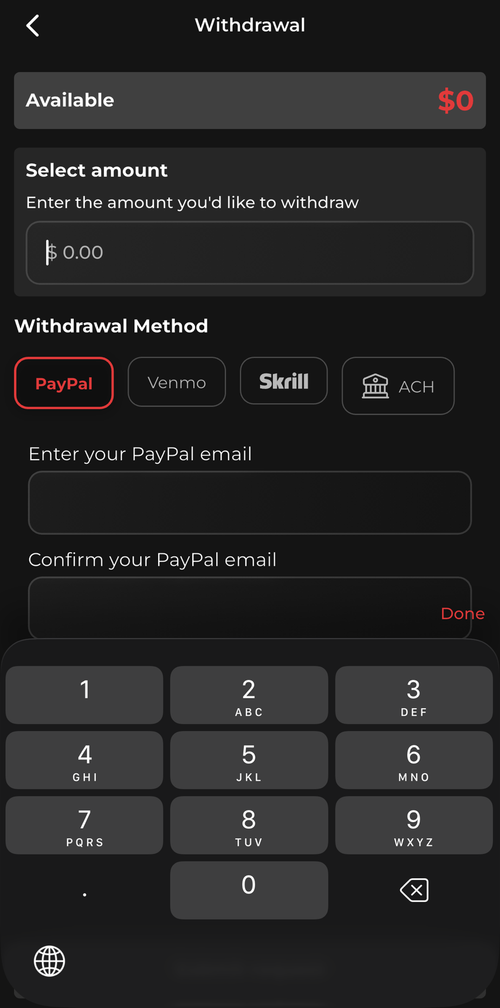 Withdrawal screen with PayPal, Venmo, Skrill, and ACH options